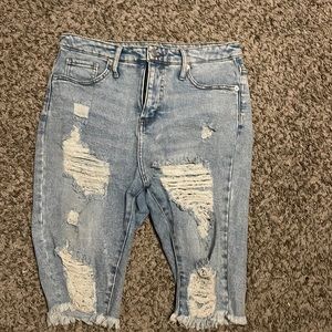 Distressed denim shorts